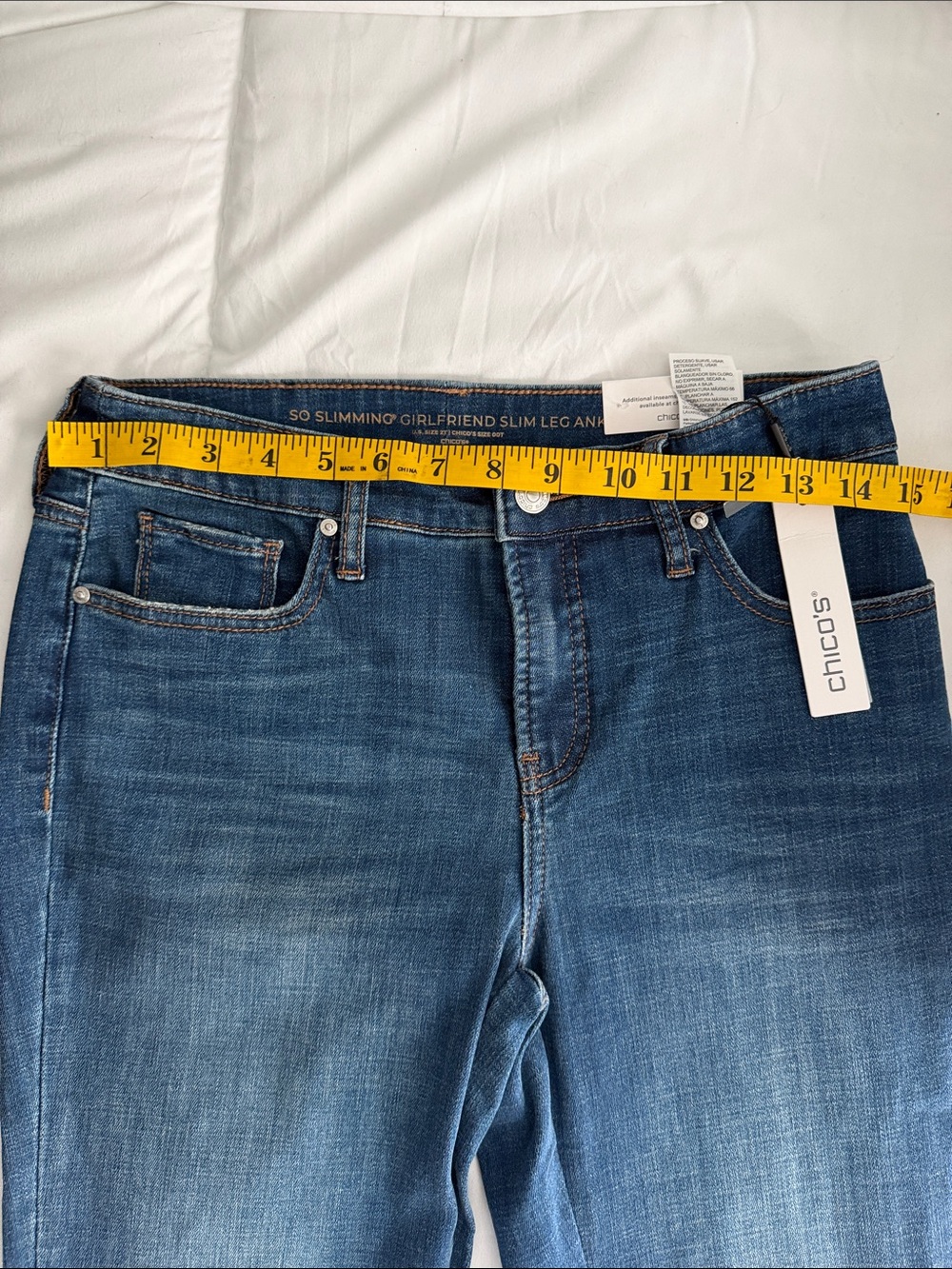 Chico's Blue Straight Leg Jeans with Sequin Hem - Picture 4 of 7